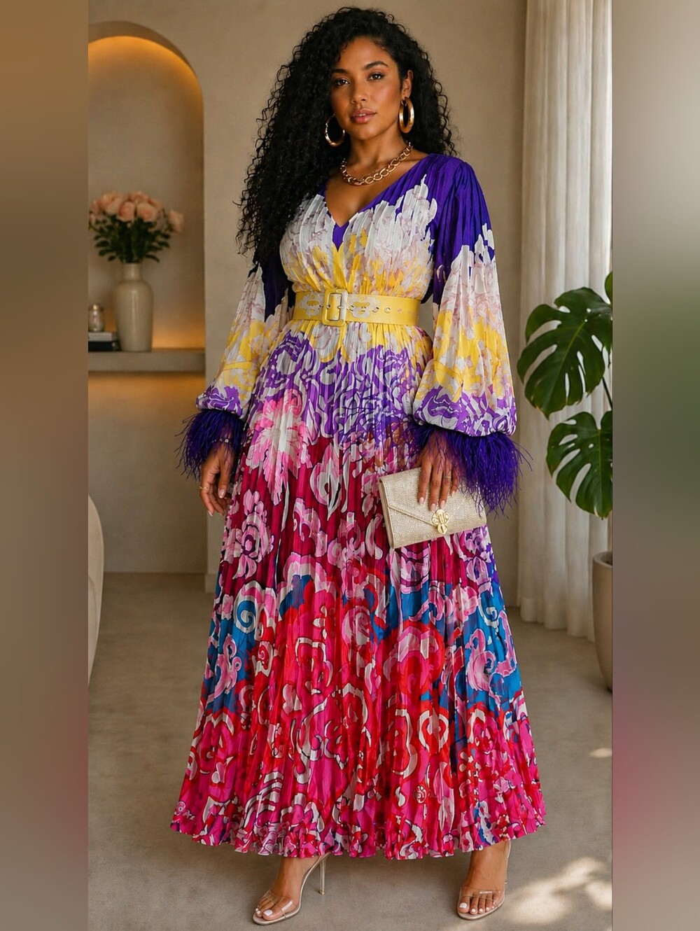 L'ATISTE Multicolor Feathered Maxi Dress